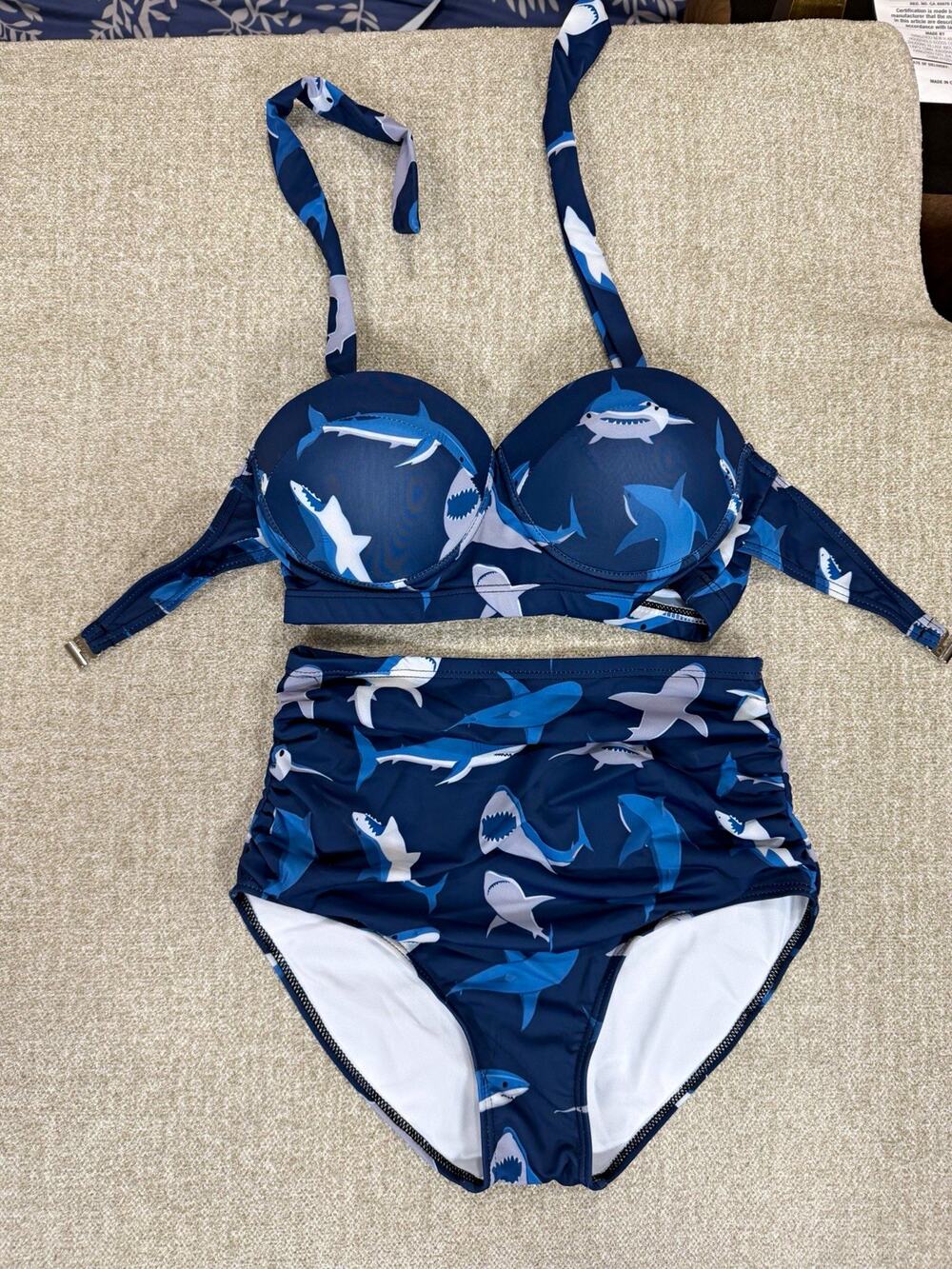 Shark Print 2-Piece Bikini Set Blue/White Padded Top High-Waist Bottom S